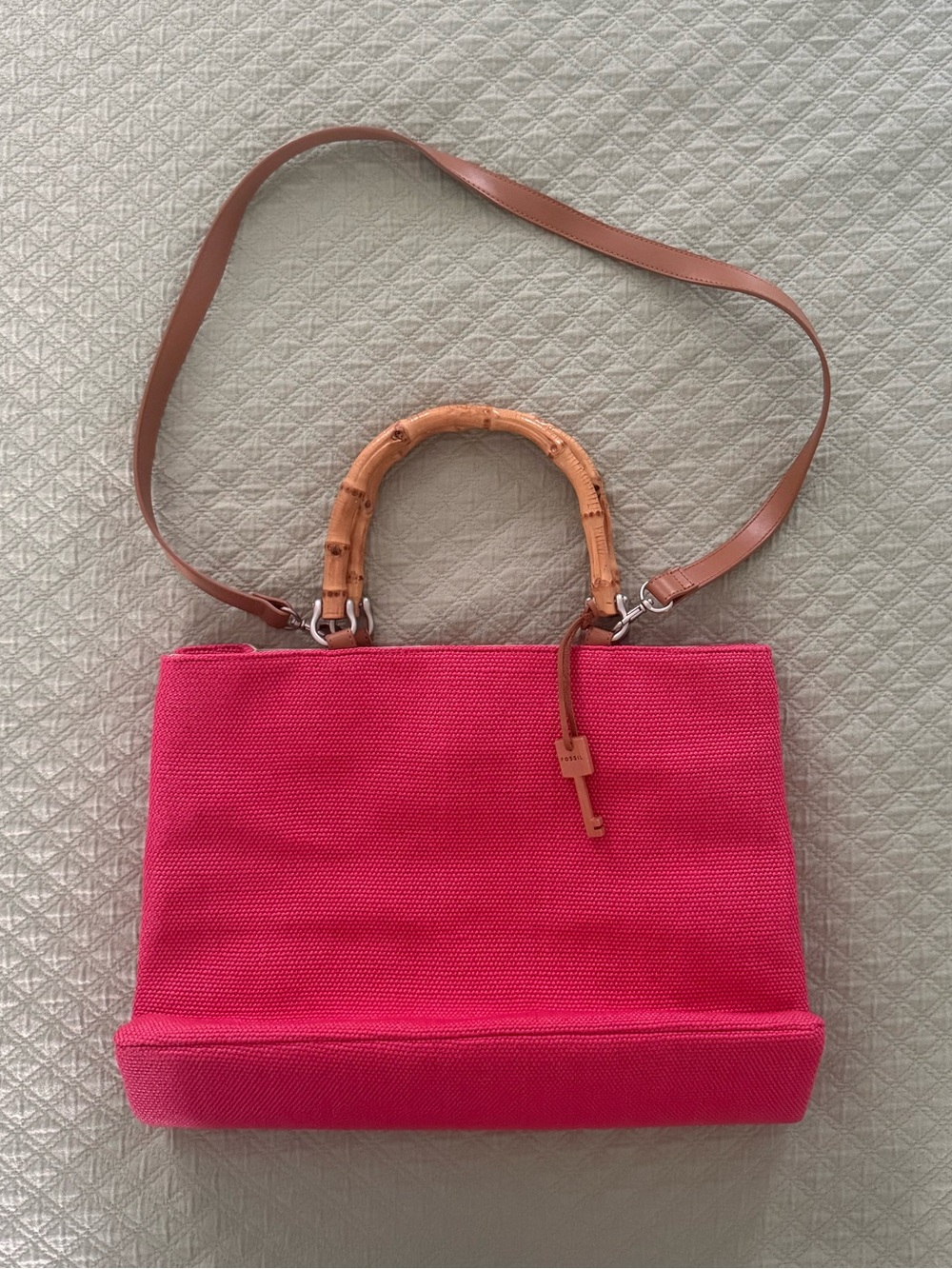 Fossil Hot Pink Tote with Bamboo Handles, Tan Shoulder Strap & wood key charm